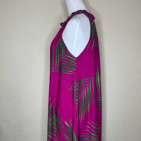 Hula Bay Magenta Green Palm Print Halter Dress Rayon XXL-19 Hawaiian Tropical - Picture 3 of 8